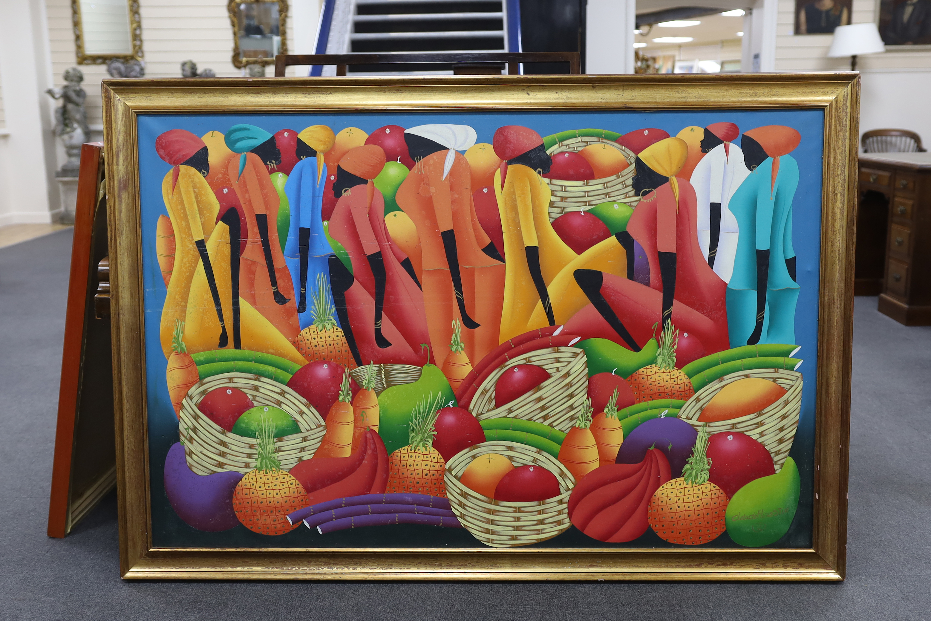 Claude Florestin (Haitian, 20th. C), large oil on canvas, Figures and fruit, signed, 98 x 150cm